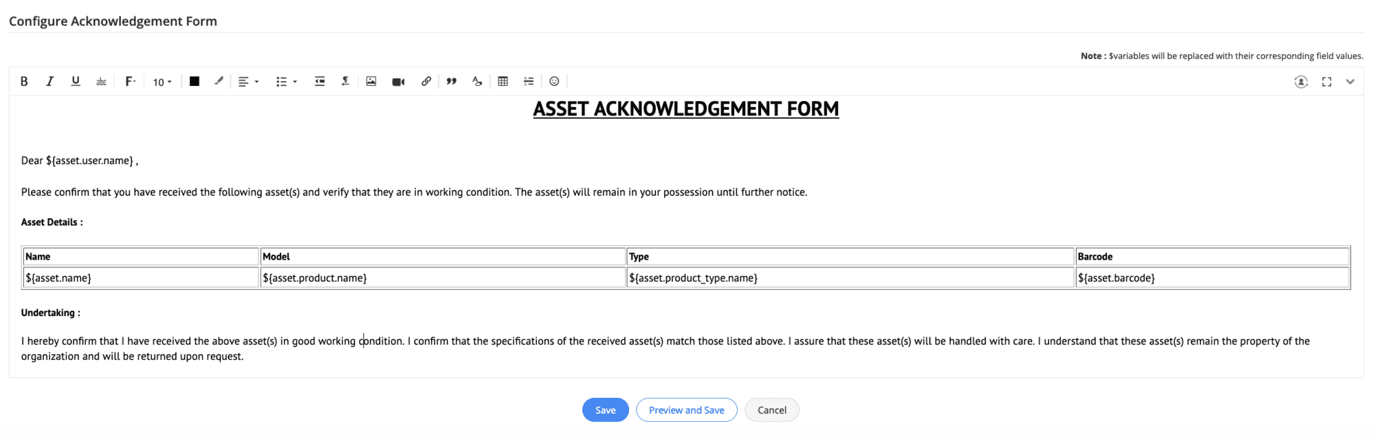 Asset Acknowledgment Form